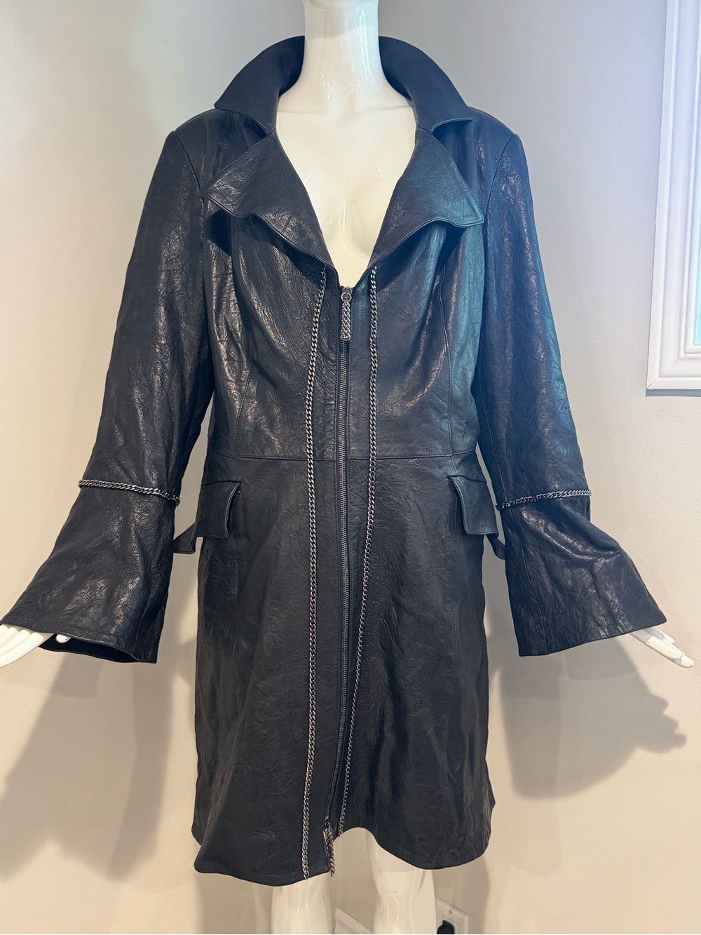 David 2 Italy Black Leather Chain Trim Long Moto Coat Jacket 48